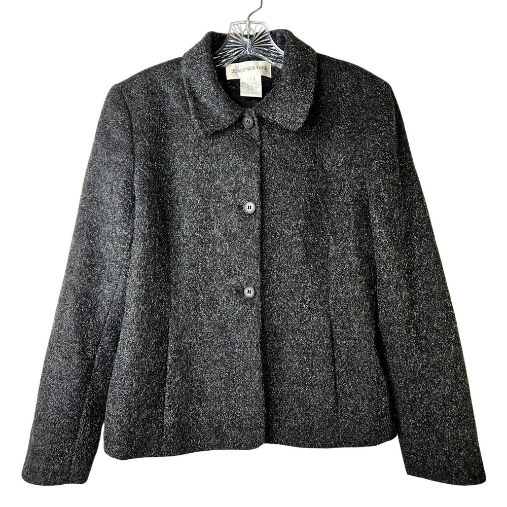 Jones NY Black Silver Metallic Wool Blend Button Jacket Sz 8 Career Casual Coat